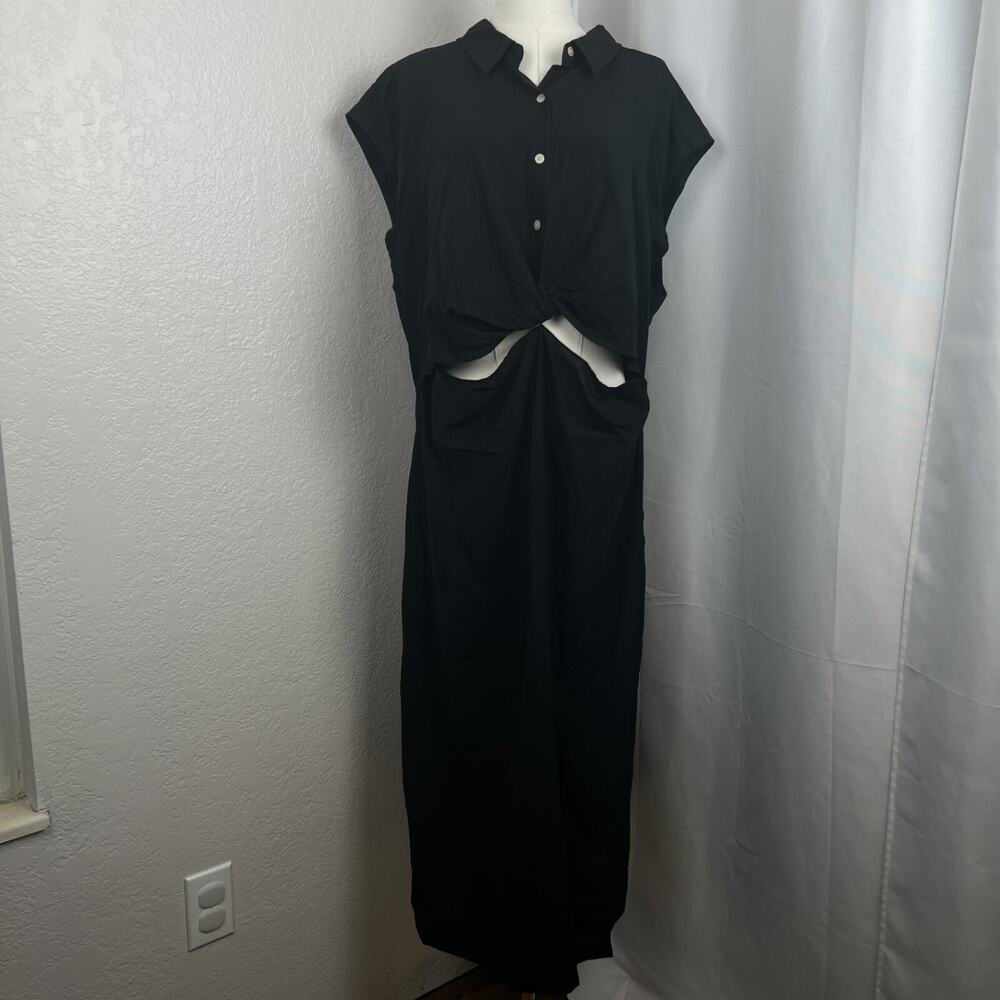 Old Navy Midi Dress Womens 2X‎ Black Drapey Twist Cutout Chic Resort Lightweight